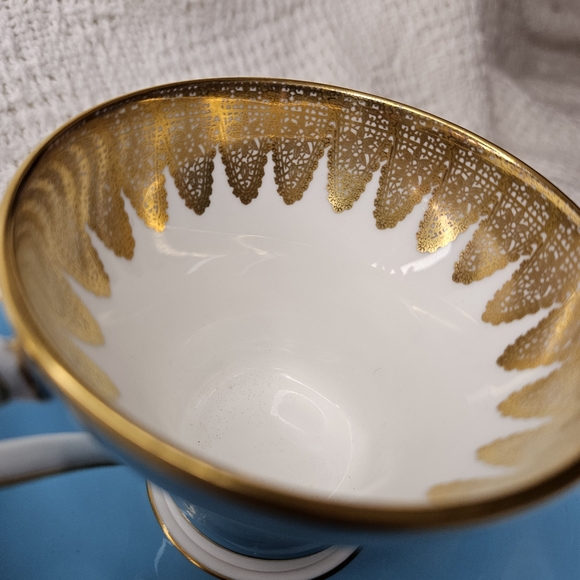 Aynsley England Turquoise Vintage Teacup Saucer Gold Filigree Corset Design RARE - Picture 13 of 16